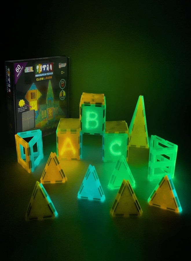 Tytan Tiles Glow in The Dark 60-Piece Magnetic Tiles Building Set, Diverse Multi-Color Shapes, STEM Toy, Cars, Creative Play, Storage Bag & UV Keychain Flashlight for Drawing on Tiles, Ages 3 and Up - Image 5
